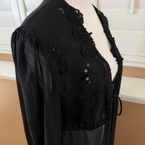 Vintage California Dynasty Sheer Black Boudoir Robe Romantic Goth Dark Glam Sz L - Picture 3 of 8